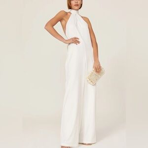 De La Vali Showbiz Halter Tie Neck Open Back Wide Leg Jumpsuit White Sz 10